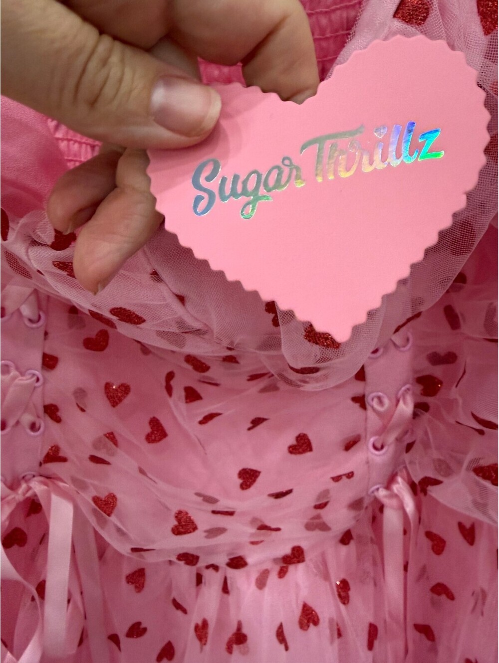 NWT 1x Sugar Thrillz Pink Heart Print Mesh Dress with Corset Detail - Picture 9 of 13